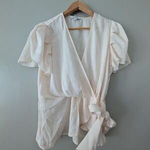 Express Ivory Wrap Blouse with Flutter Sleeves